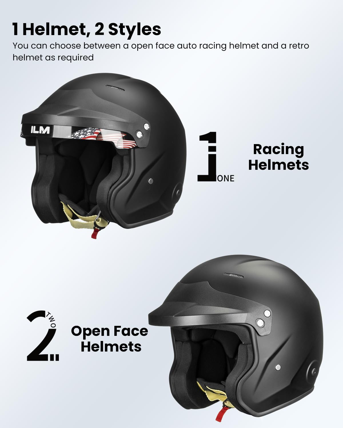 ILM Snell SA2025 open face racing helmet R95, fiberglass lightweight, matte black.