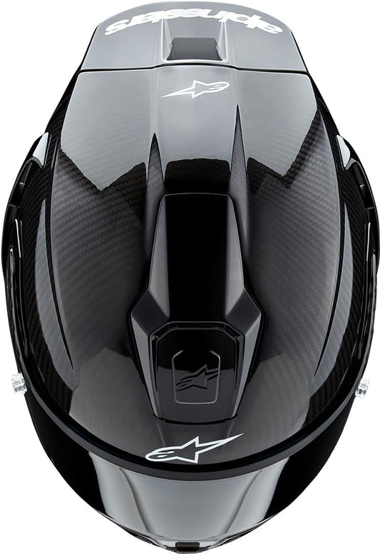 Alpinestars Supertech R10 carbon helmet, advanced ventilation, CE certified, high-performance.