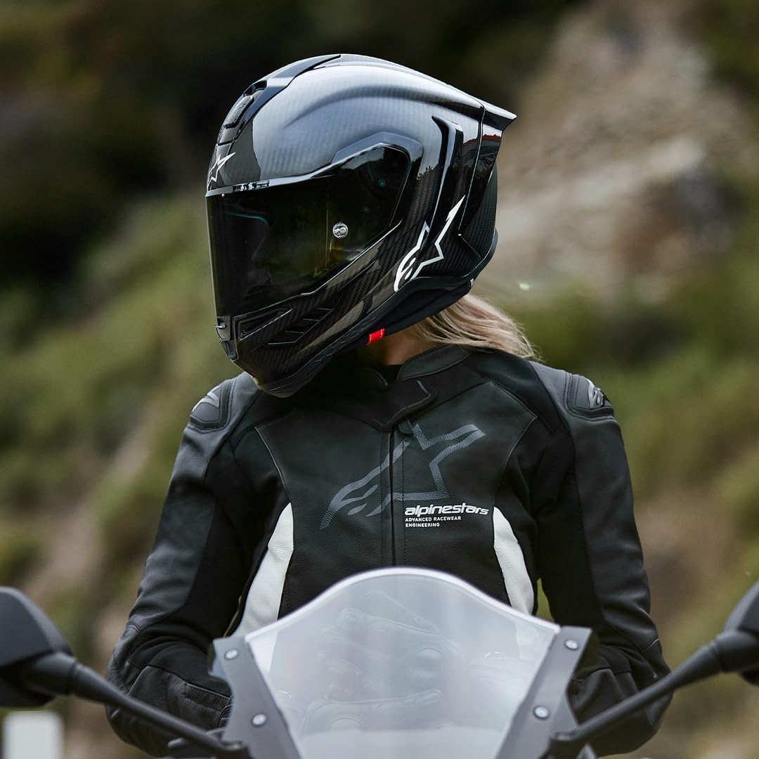 Alpinestars Supertech R10 carbon helmet, advanced ventilation, CE certified, high-performance.