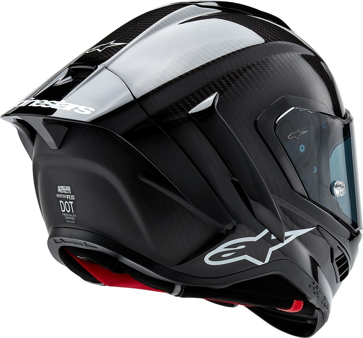 Alpinestars Supertech R10 carbon helmet, advanced ventilation, CE certified, high-performance.