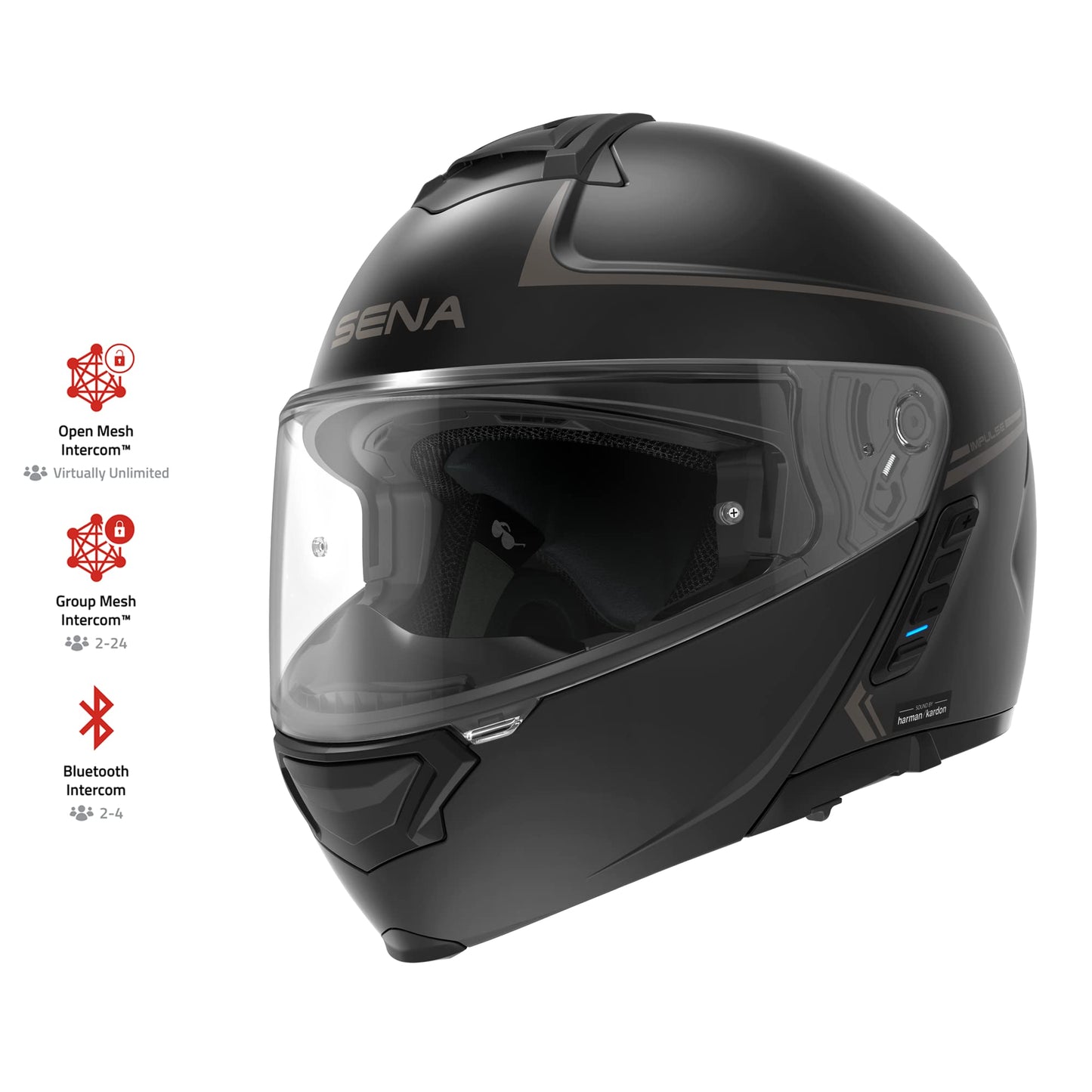 Sena Impulse modular Bluetooth helmet, Harman Kardon audio, mesh intercom, dual visor, matte black, L.