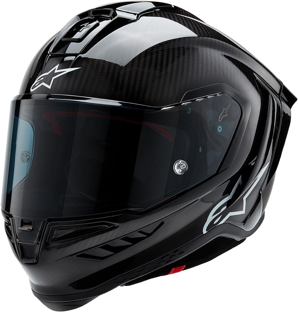 Alpinestars Supertech R10 carbon helmet, advanced ventilation, CE certified, high-performance.