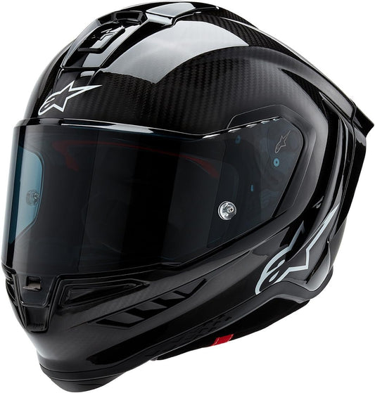 Alpinestars Supertech R10 carbon helmet, advanced ventilation, CE certified, high-performance.