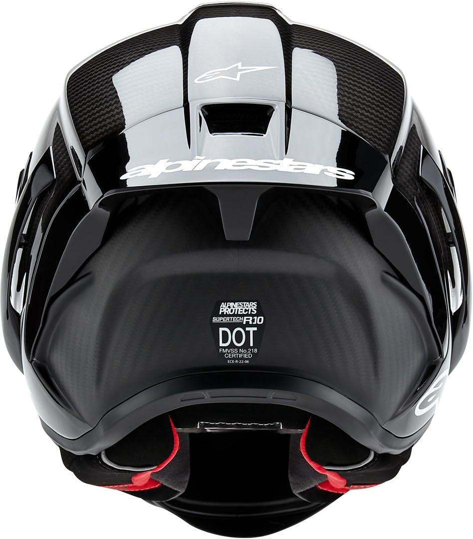 Alpinestars Supertech R10 carbon helmet, advanced ventilation, CE certified, high-performance.