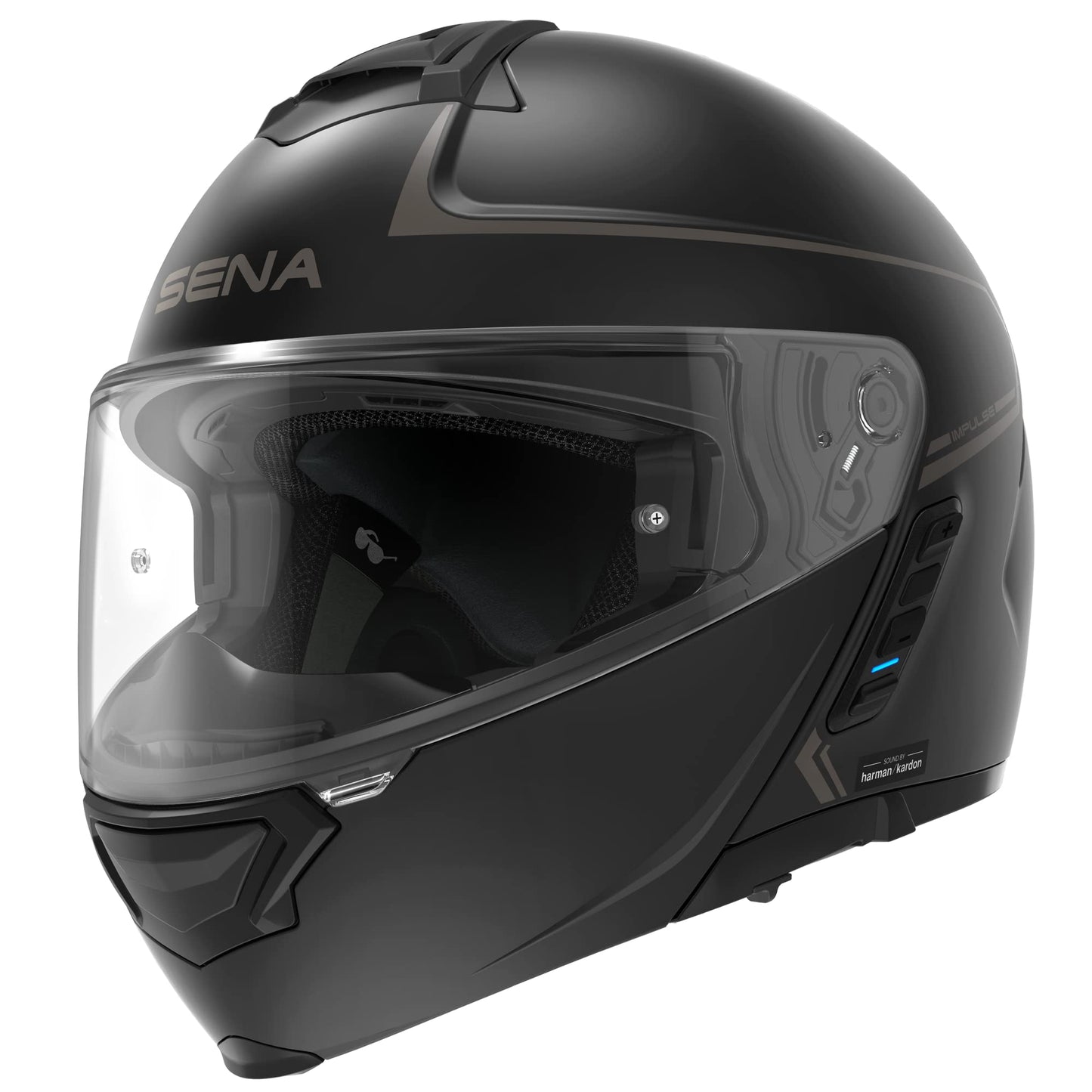 Sena Impulse modular Bluetooth helmet, Harman Kardon audio, mesh intercom, dual visor, matte black, L.