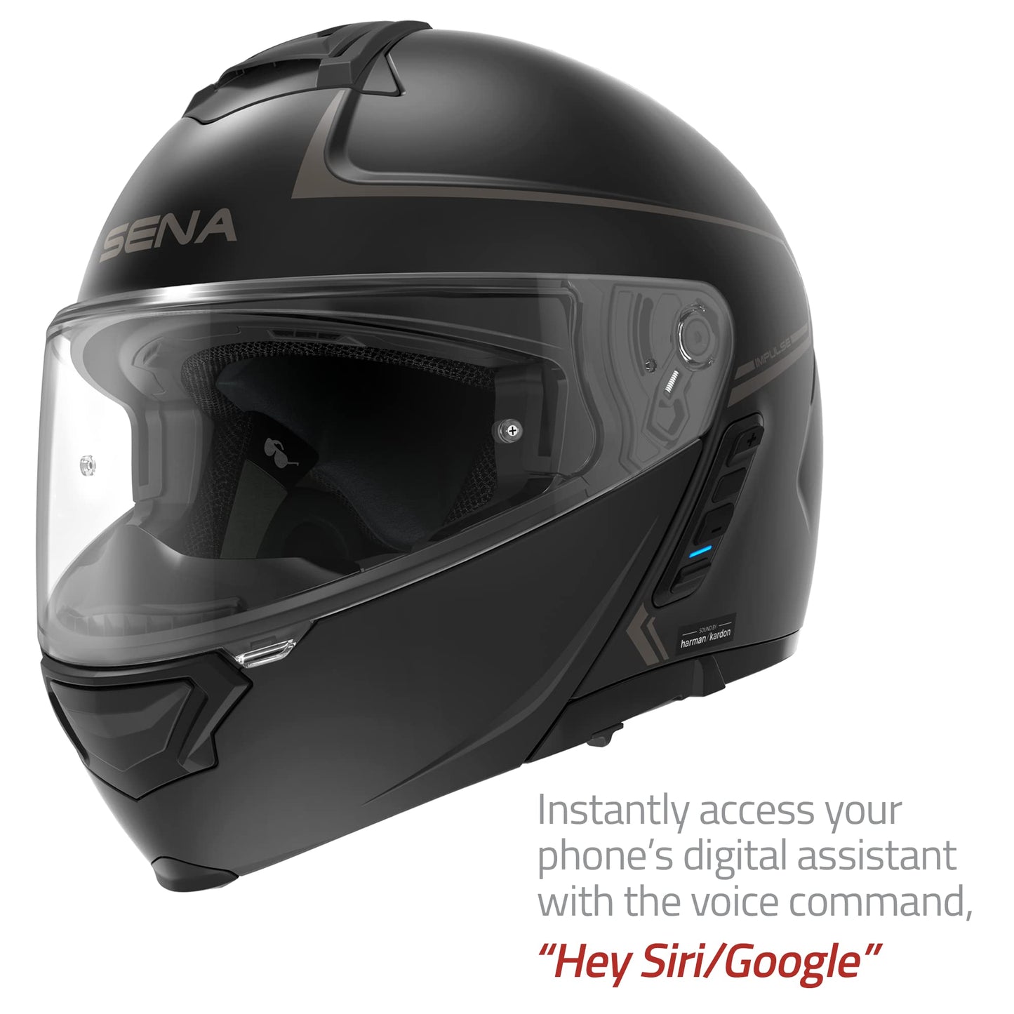 Sena Impulse modular Bluetooth helmet, Harman Kardon audio, mesh intercom, dual visor, matte black, L.
