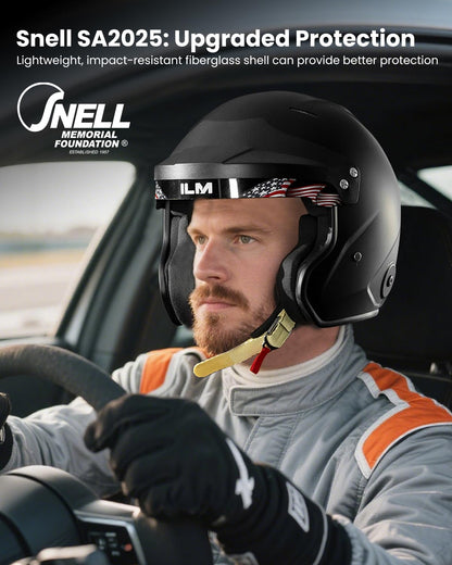 ILM Snell SA2025 open face racing helmet R95, fiberglass lightweight, matte black.