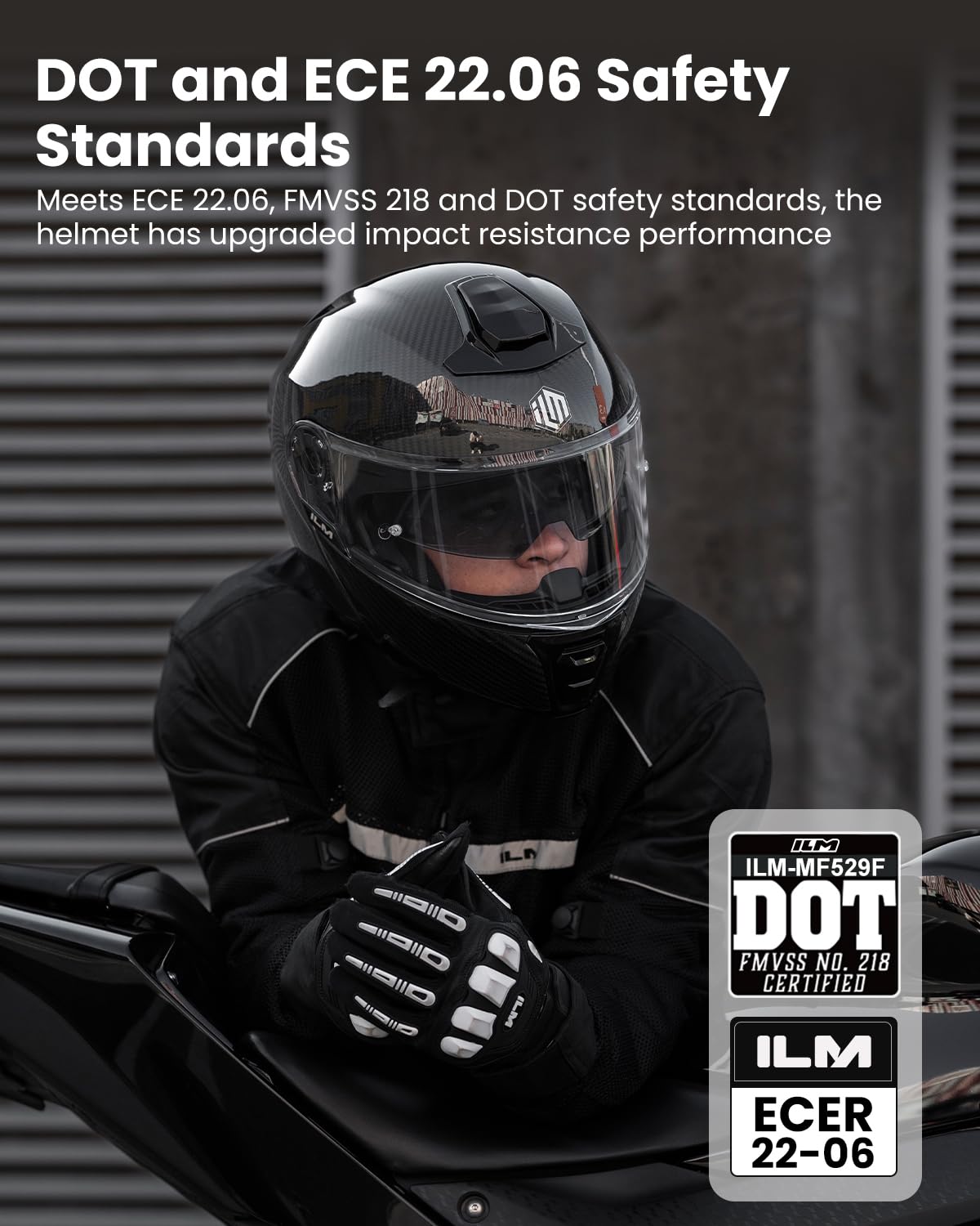 ILM Carbon Fiber Motorcycle Modular Helmets Full Face DOT ECE MF529F (Carbon Black, L)