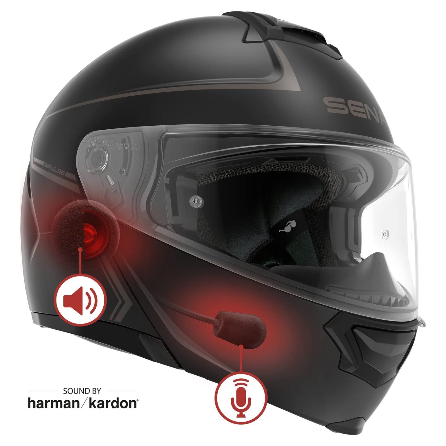 Sena Impulse modular Bluetooth helmet, Harman Kardon audio, mesh intercom, dual visor, matte black, L.