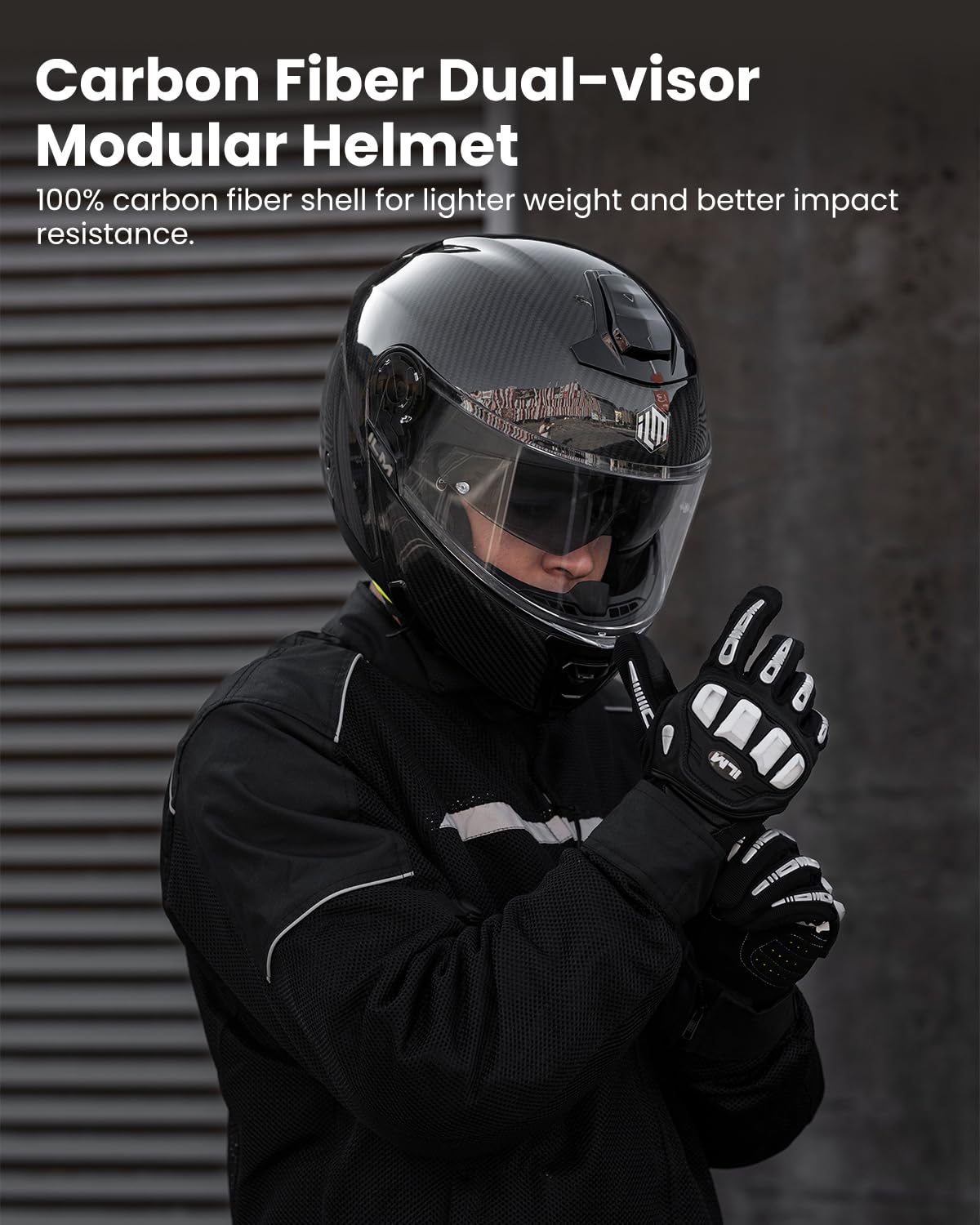 ILM Carbon Fiber Motorcycle Modular Helmets Full Face DOT ECE MF529F (Carbon Black, L)